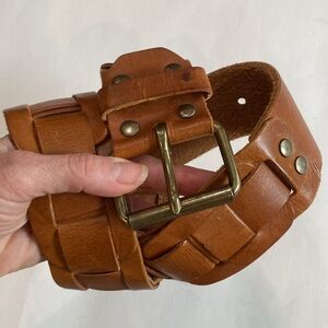 Vintage Brown Leather Woven Wide Belt Brass Buckle Size M